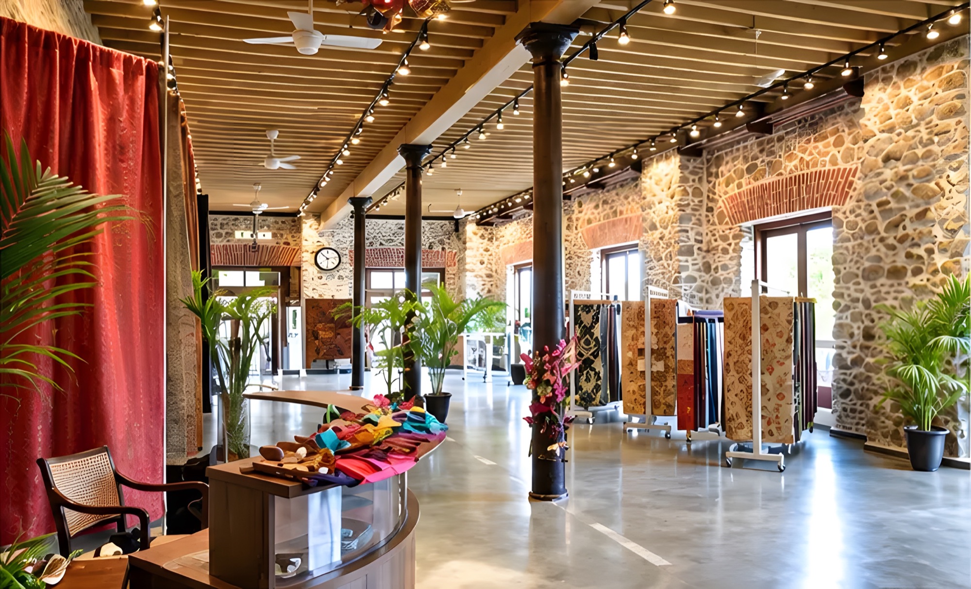 Stone walls, timber beams and hanging textiles at the Silkland showroom, Colaba